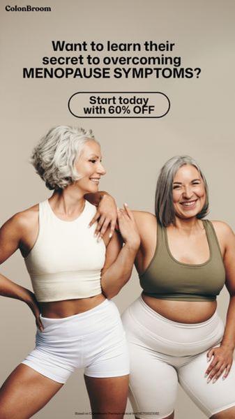 This ad creative features a direct question addressing menopause symptoms paired with a clear promotional offer against a neutral studio background.